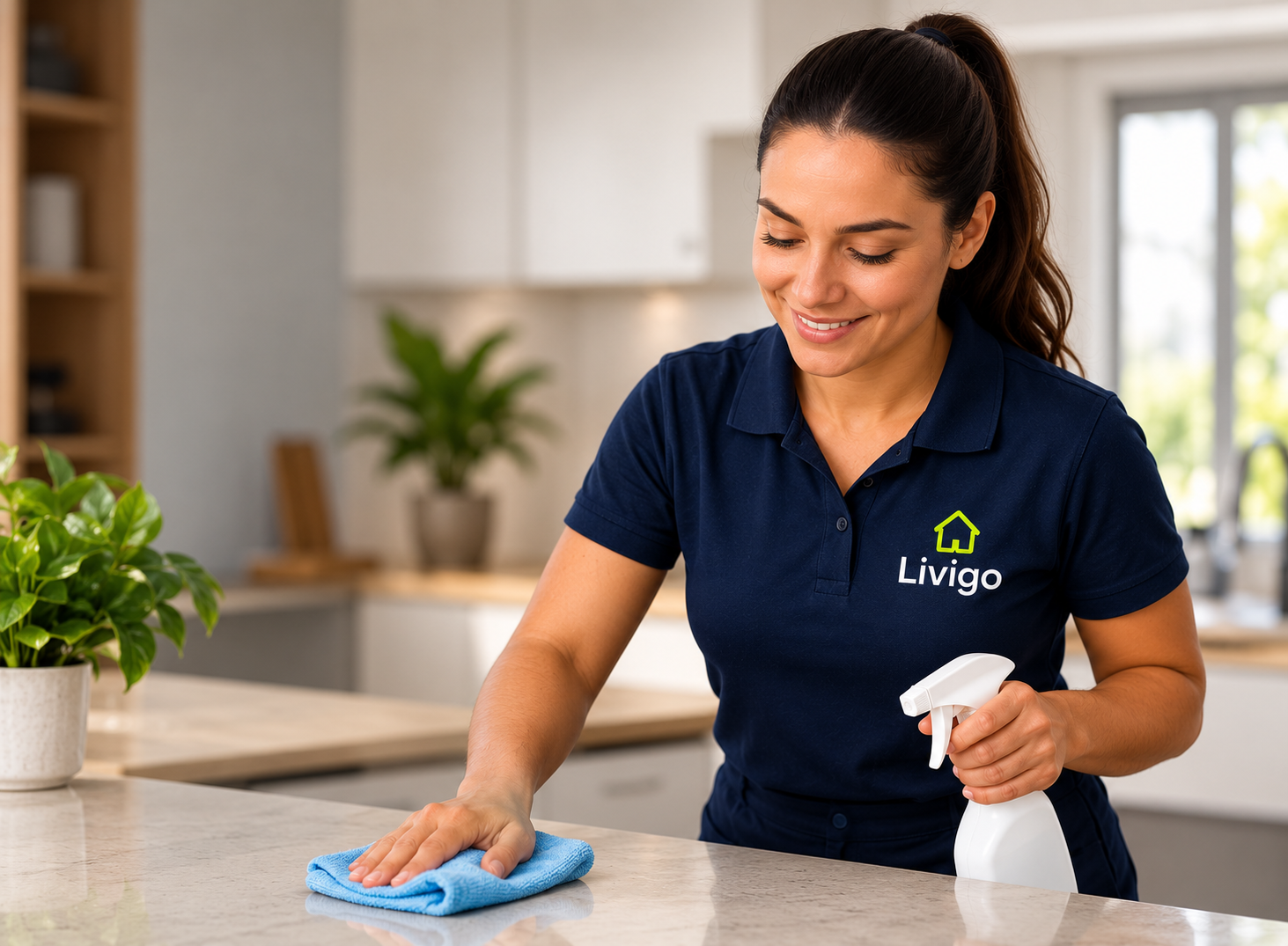 Profissional realizando limpeza residencial.