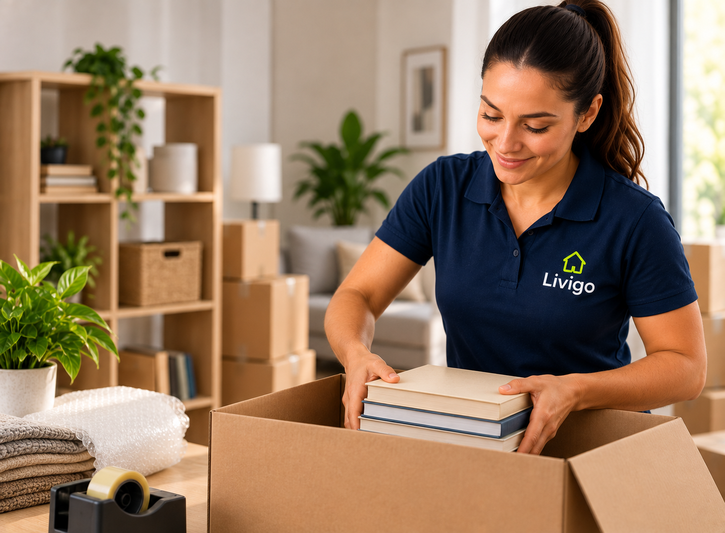 Profissional ajudando na organização de uma residência.